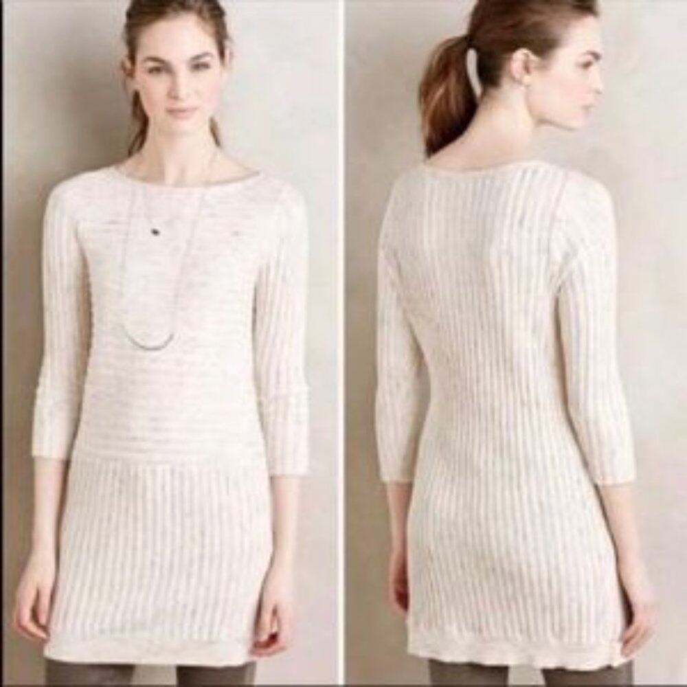 Anthropologie Moth Cream Wool Ribbed Sweater Dress Long Sleeve Size M